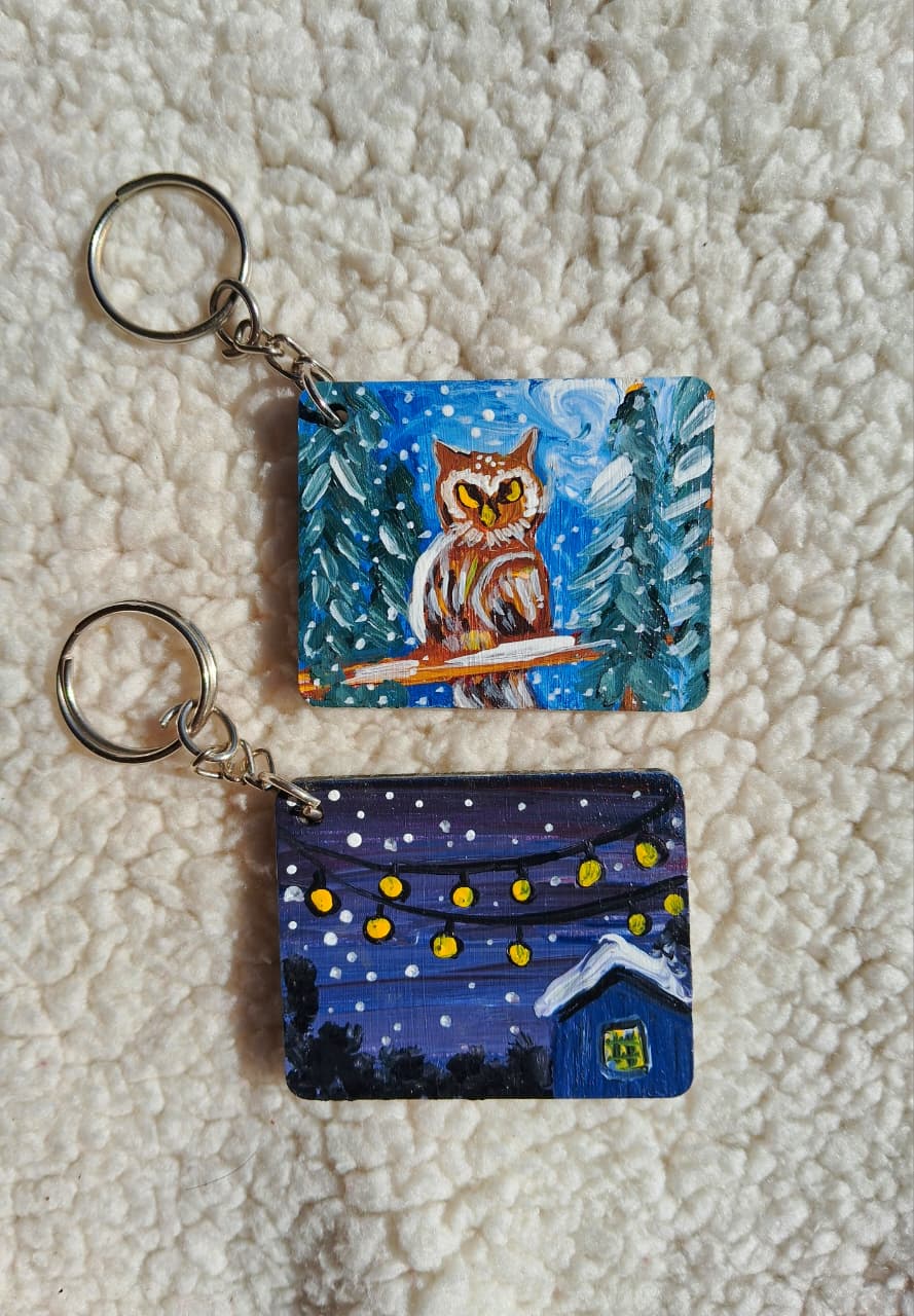 Premashiart winter keychain handpainted owl, cozy home pack of 2