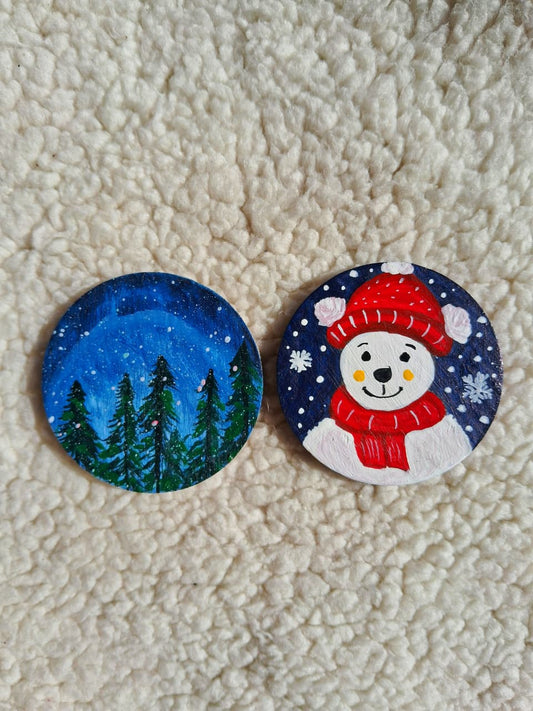 Premashiart winter magnet handpainted winter forest, snowman pack of 2